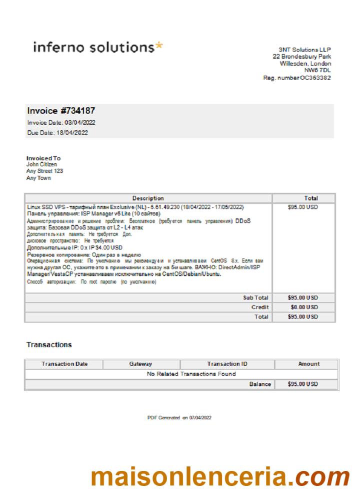 United Kingdom Inferno Solutions tekst faktury i szablon PDF